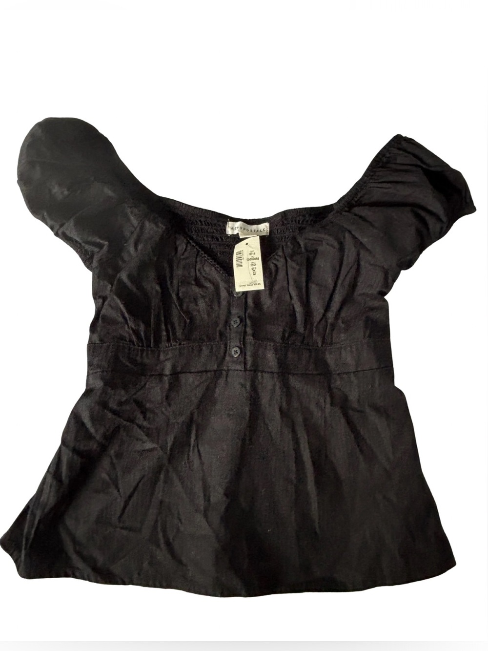 Aeropostal Women's Black Peasant Top with Button Detail NWT